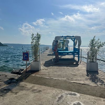 Eine entspannte Szene am Wasser mit einem Pier, ideal für Reisen mit Hunden.