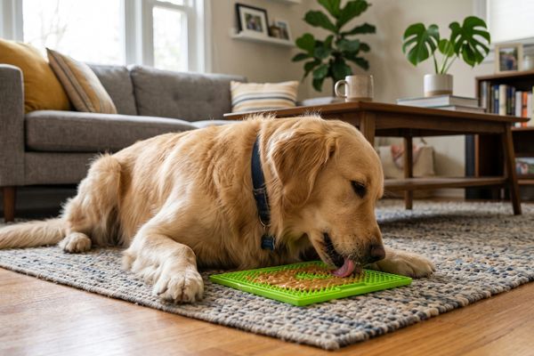 Großer golden-farbener Hund leckt an grünem Intelligenzspielzeug im Wohnzimmer