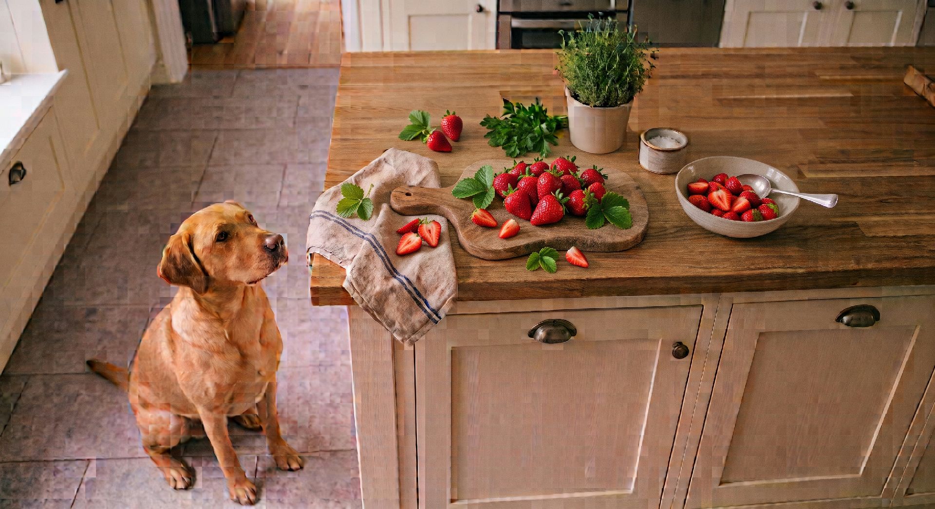 Brauner Labrador sitzt in der Küche neben Arbeitsplatte mit Erdbeeren, Tomaten und frischen Kräutern