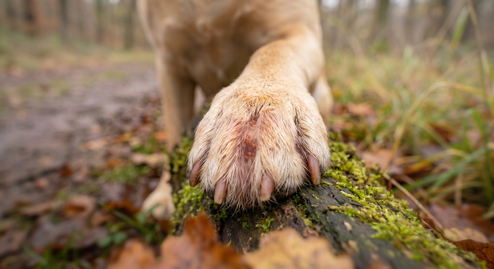 Nahaufnahme einer Hundepfote mit beige-weißem Fell auf einem moosbedeckten Baumstamm