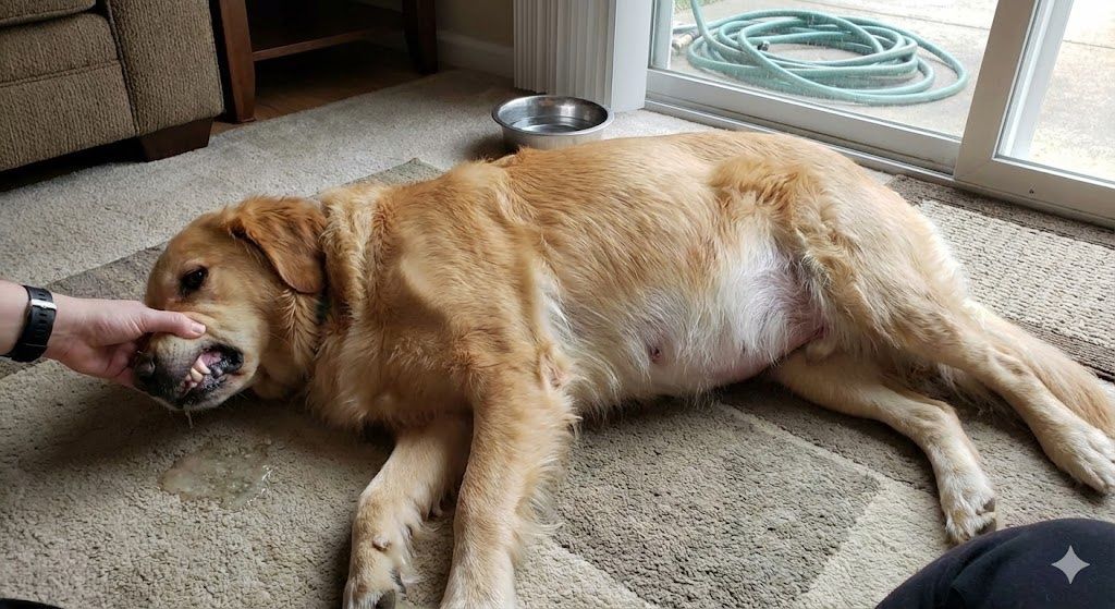 Ein liegender, erschöpft wirkender Hund mit geöffnetem Maul und einer Hand, die seine Schnauze hält.