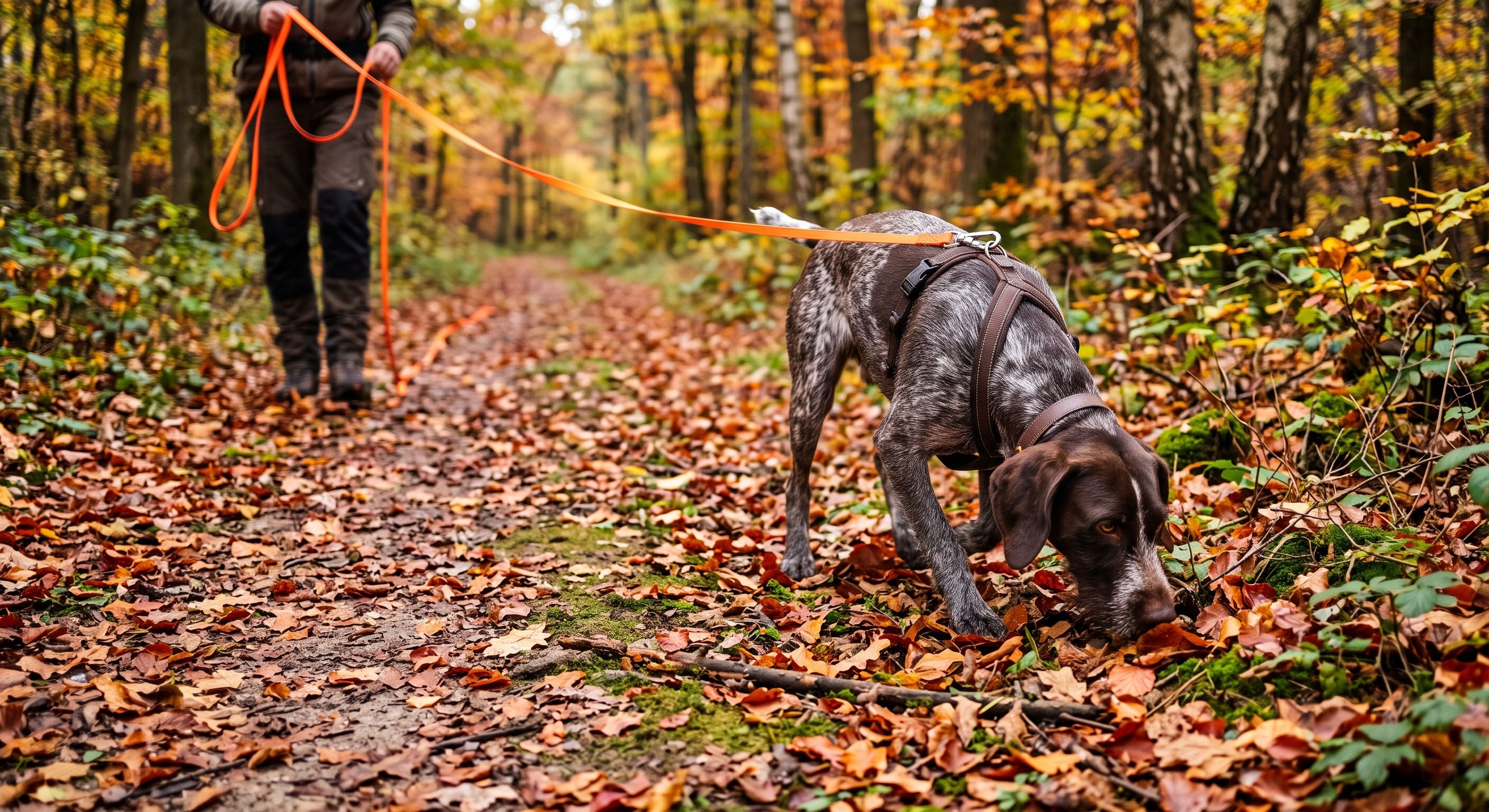 Grauer Hund mit Geschirr an orangefarbener Leine auf herbstlichem Waldweg mit Laubbelag