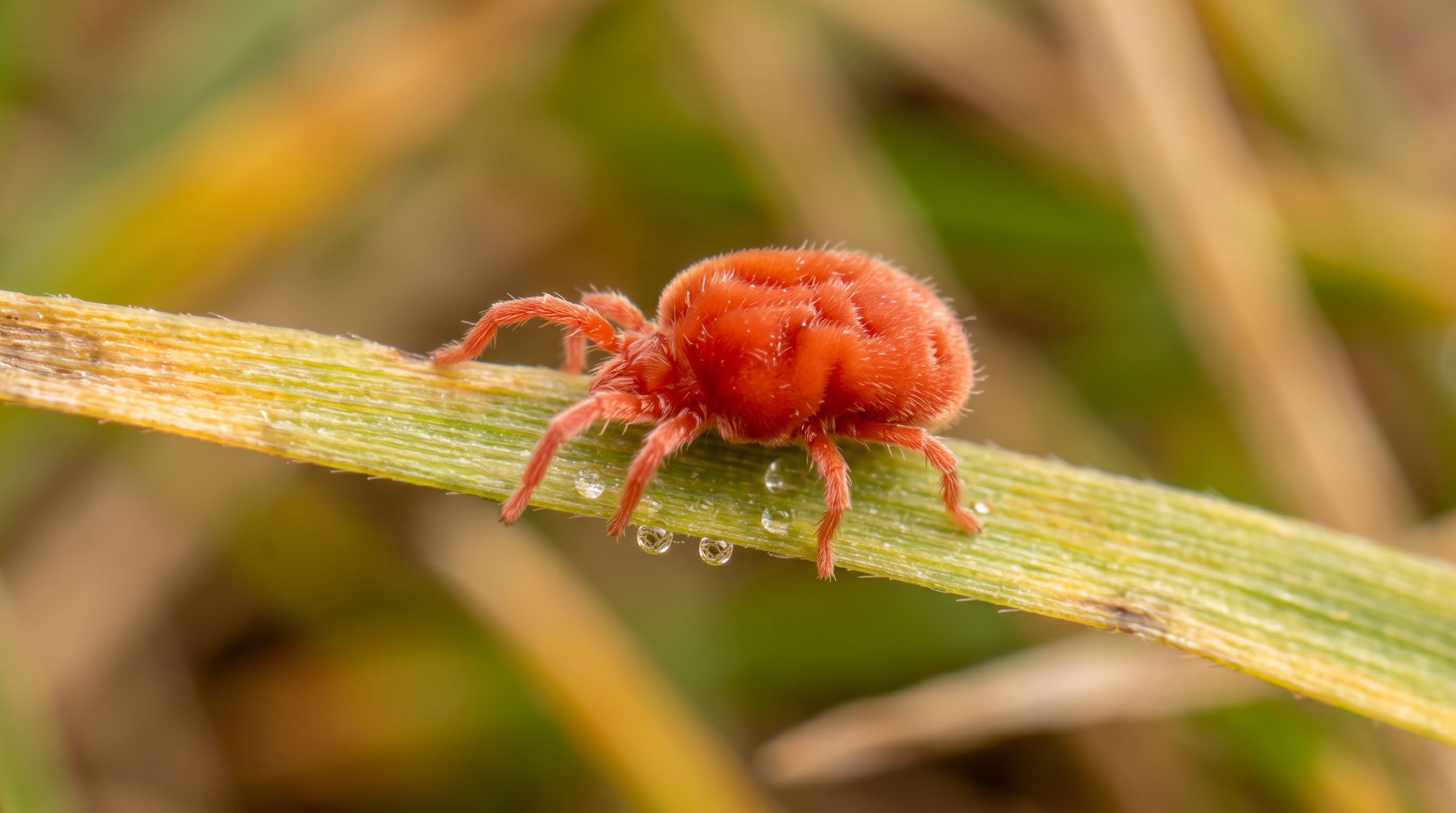 Rote Herbstgrasmilbe auf grünem Halm mit Wassertropfen
