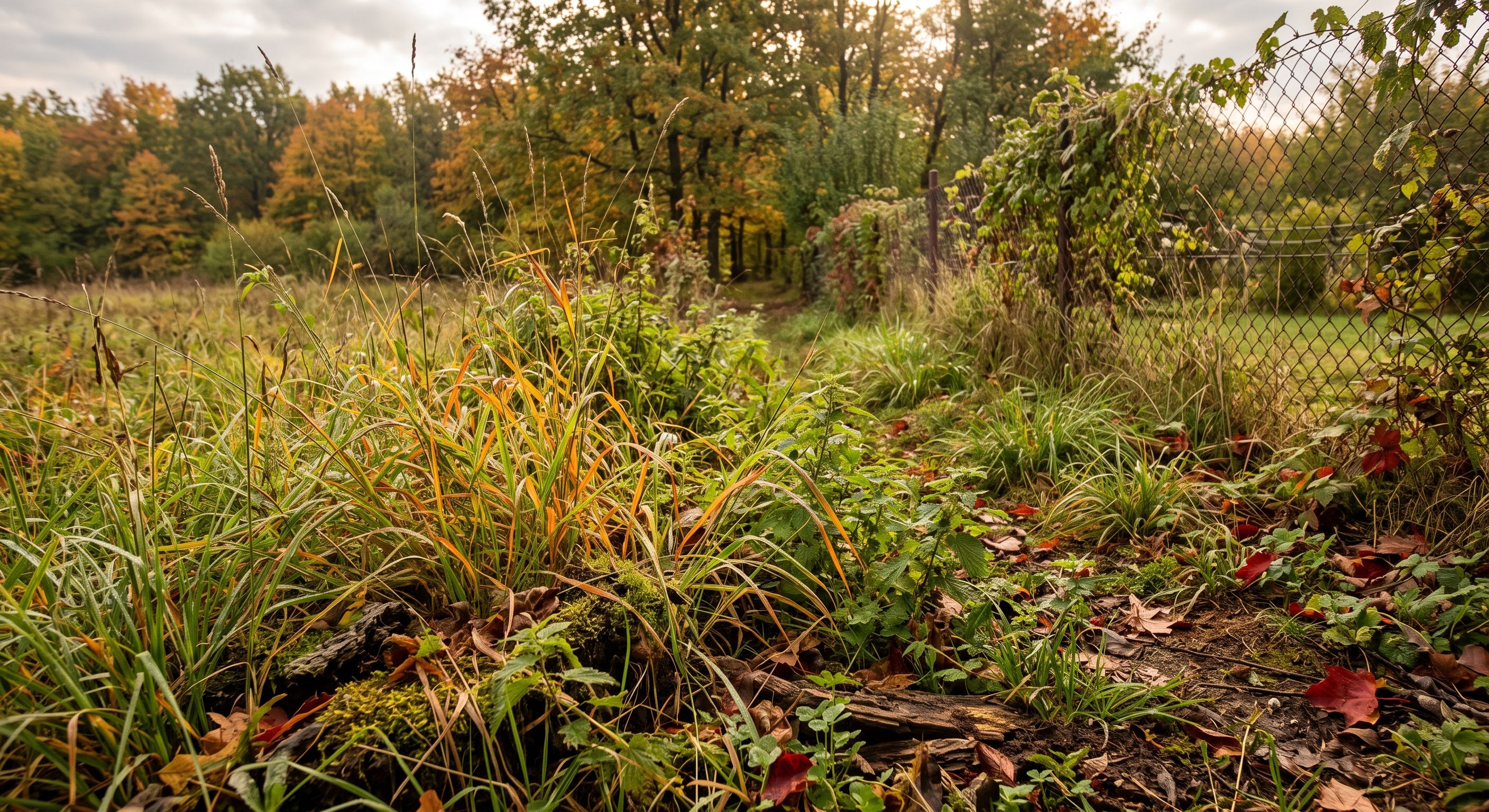 Verwilderter Garten mit hohem Gras und Laub im Herbst, Lebensraum für Herbstgrasmilben