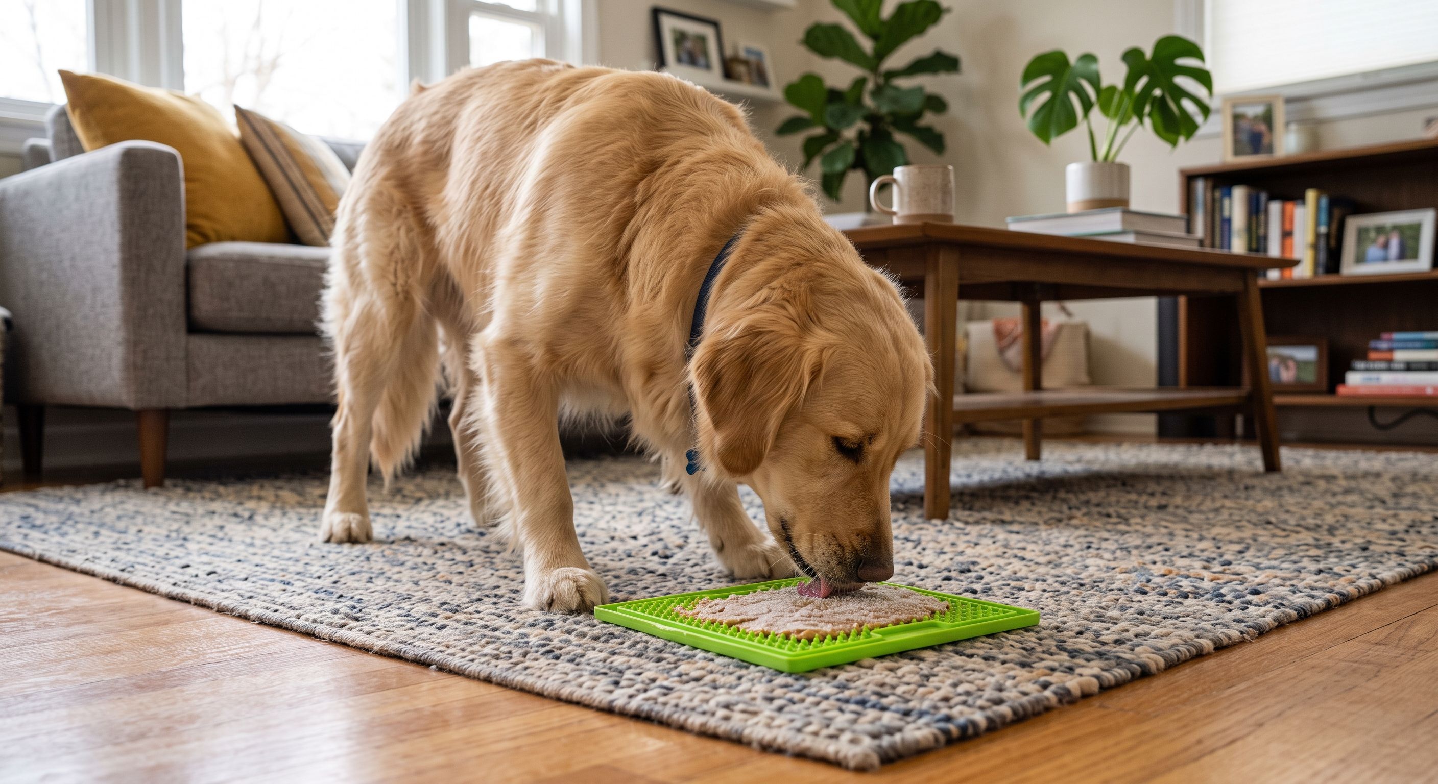 Golden Retriever leckt Futter aus grüner Leckmate auf Teppich im modern eingerichteten Wohnzimmer