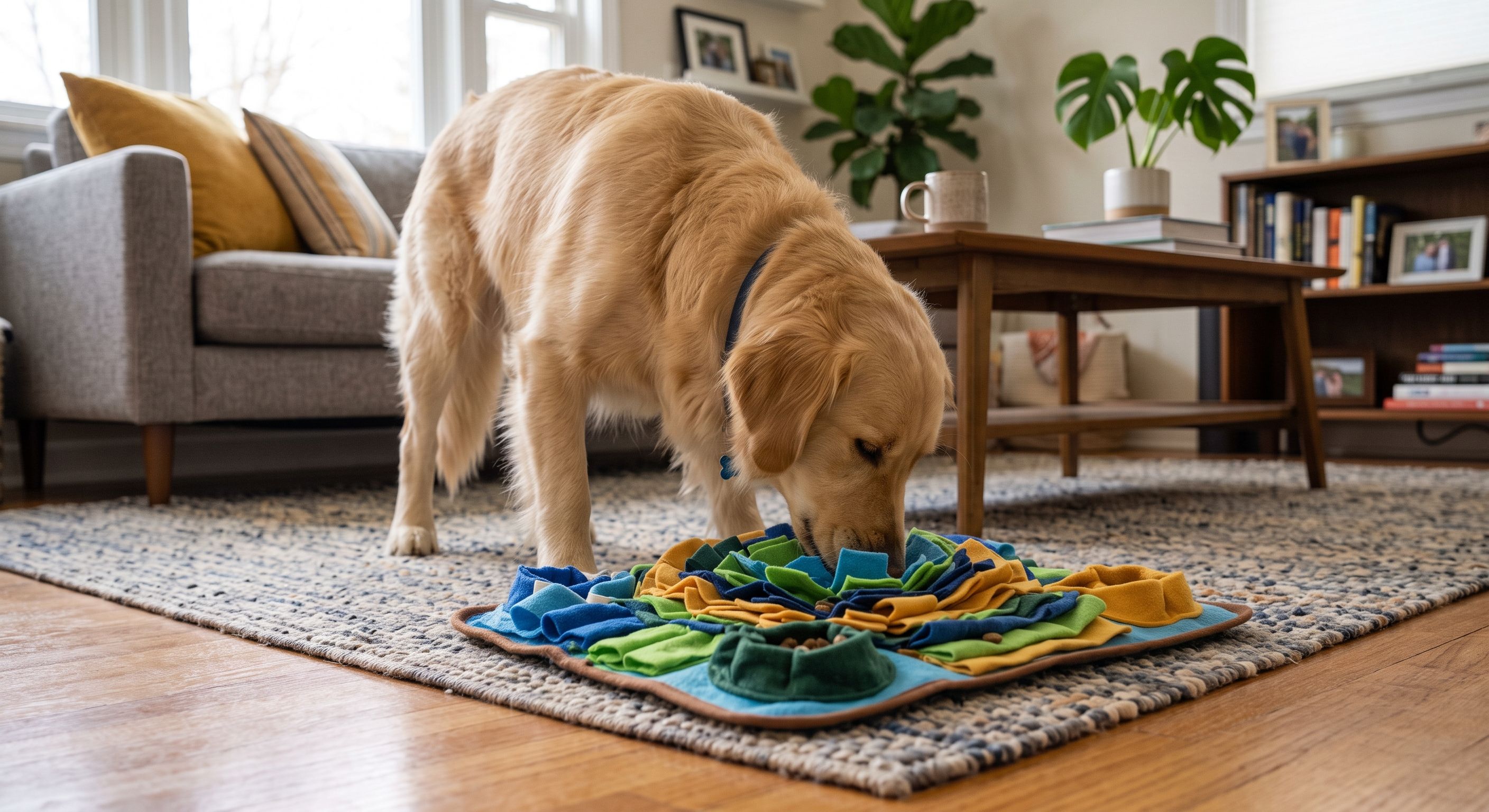 Hund schnüffelt auf bunter Schnüffeldecke mit grünen, blauen und gelben Stoffstreifen
