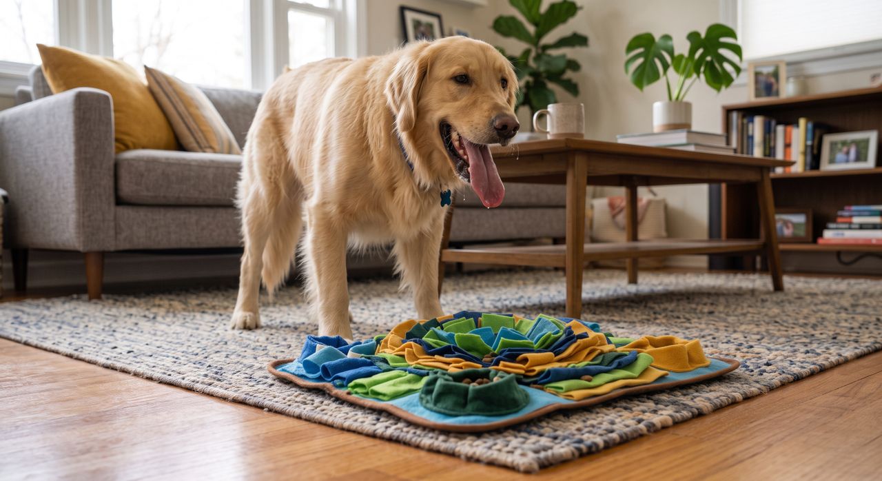 Labrador Retriever spielt mit Schnüffelspielzeug Cremefarbener Labrador Retriever mit ausgestreckter Zunge neben buntem Schnüffelspielzeug im Wohnzimmer