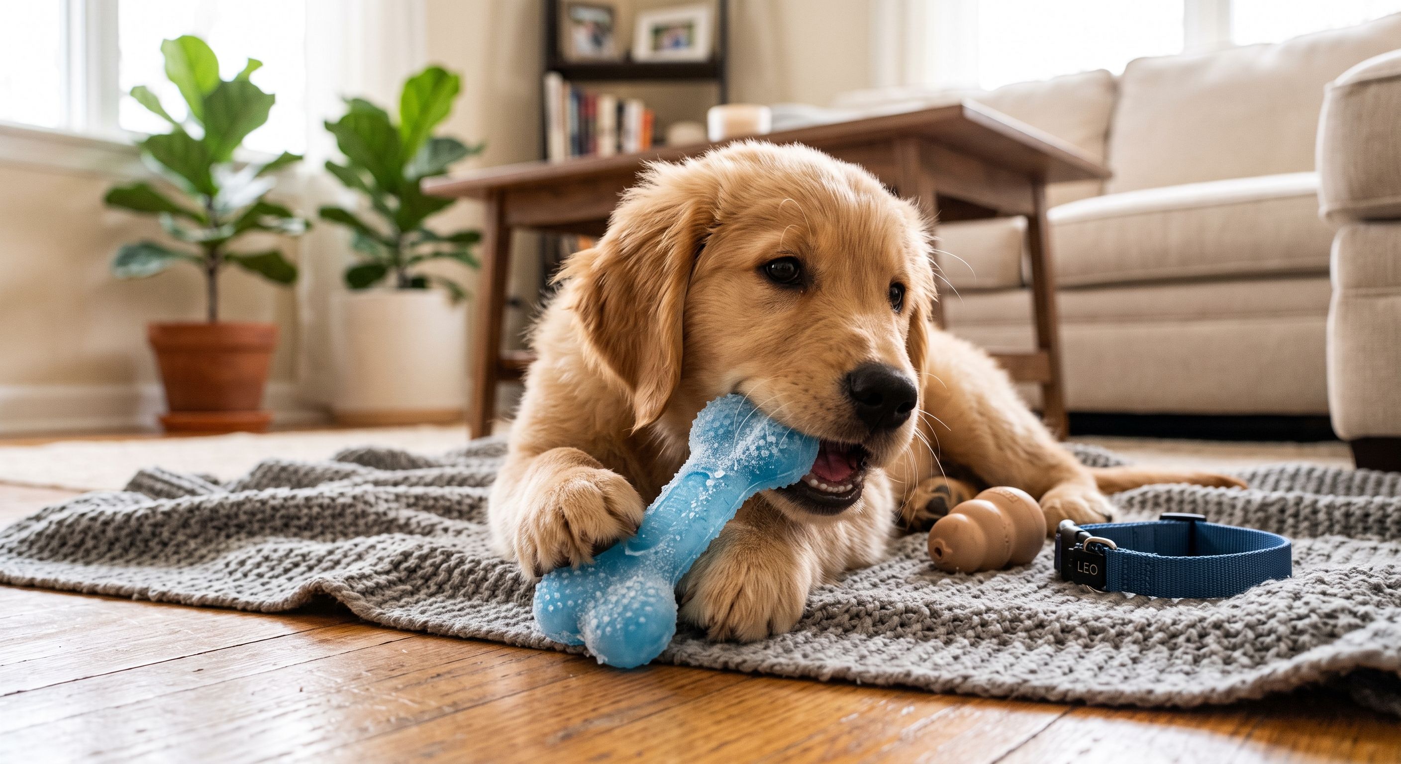 Golden Retriever kaut auf blauem Kauspielzeug in gemütlichem Wohnzimmer