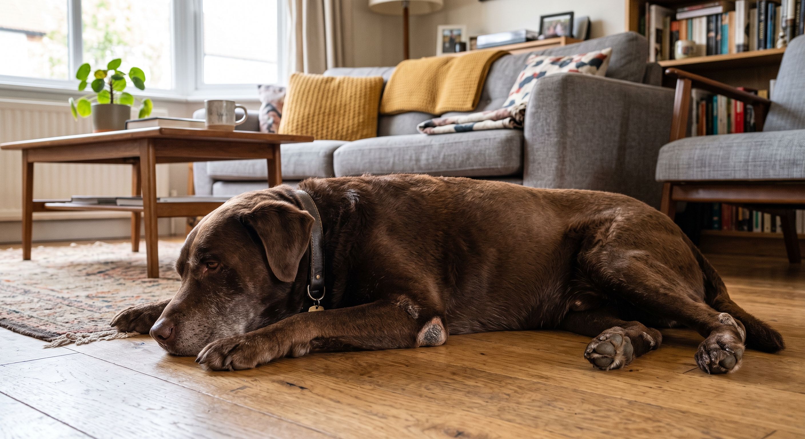 Großer brauner Hund liegt entspannt auf Holzboden im modernen Wohnzimmer mit Sofa