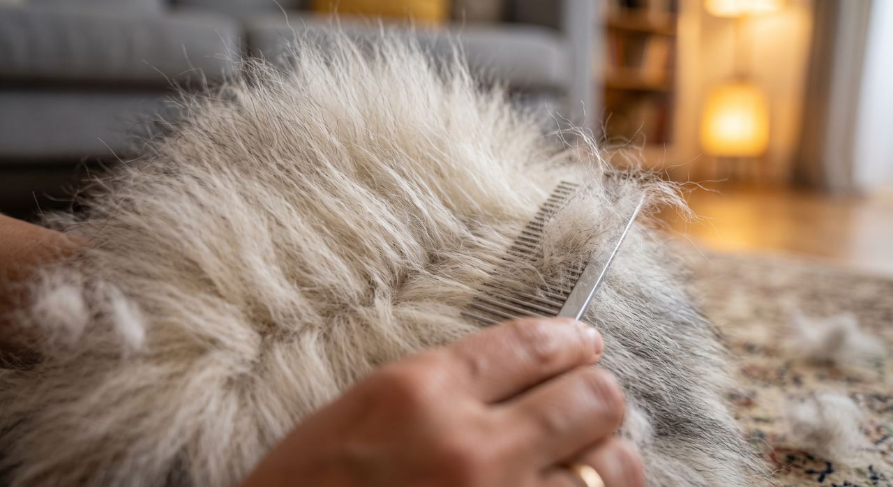 Hund kämmen: Fellpflege mit Kamm Weißer Hund wird mit Kamm gebürstet, Nahaufnahme der Fellpflege