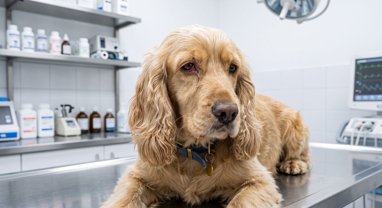 Hund in der Tierarztpraxis auf Untersuchungstisch Golden Retriever sitzt auf Untersuchungstisch in moderner Tierarztpraxis mit medizinischen Geräten