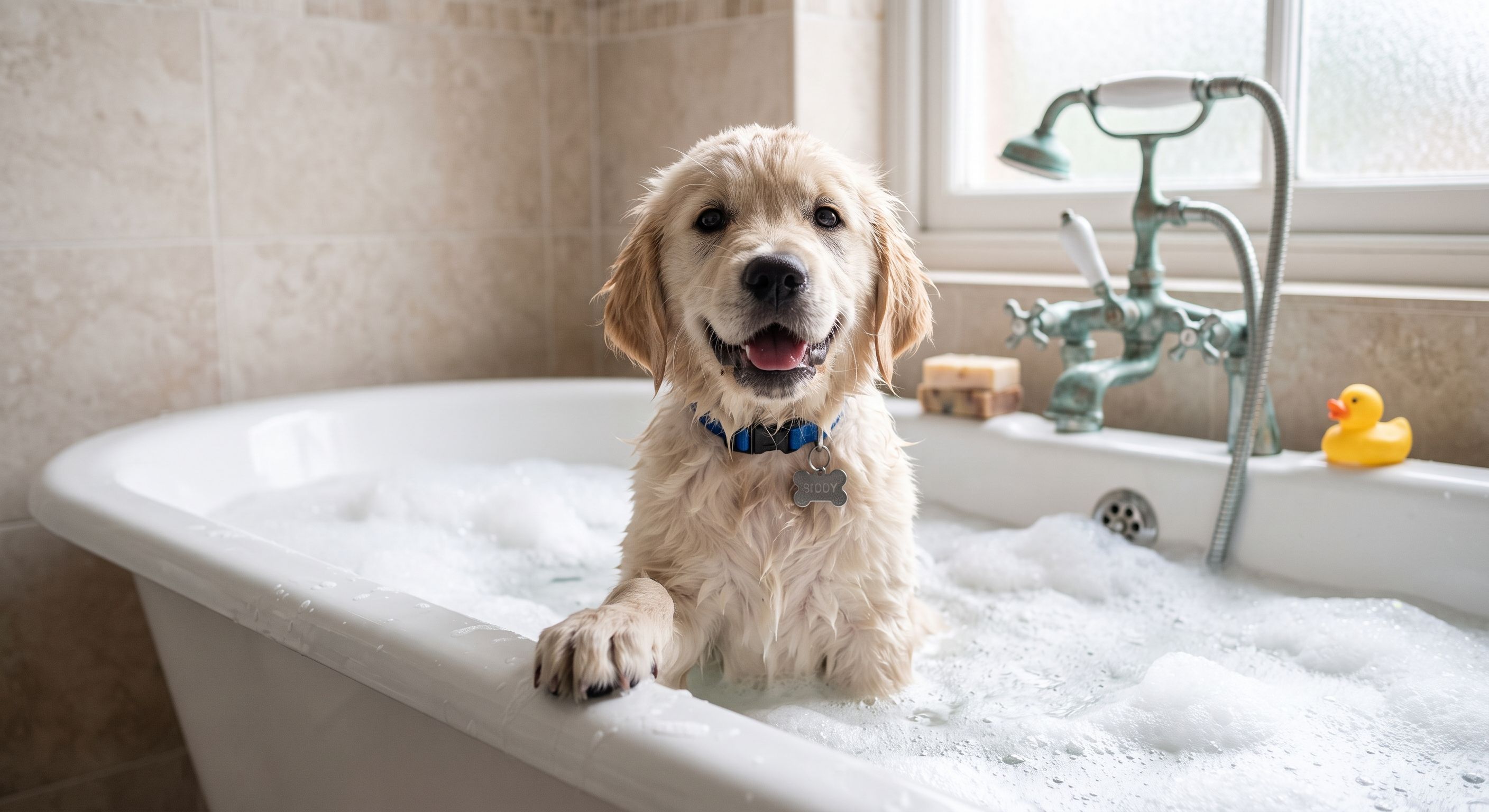 Glücklicher cremefarbener Hund sitzt in Badewanne mit Seifenschaum und blickt in die Kamera