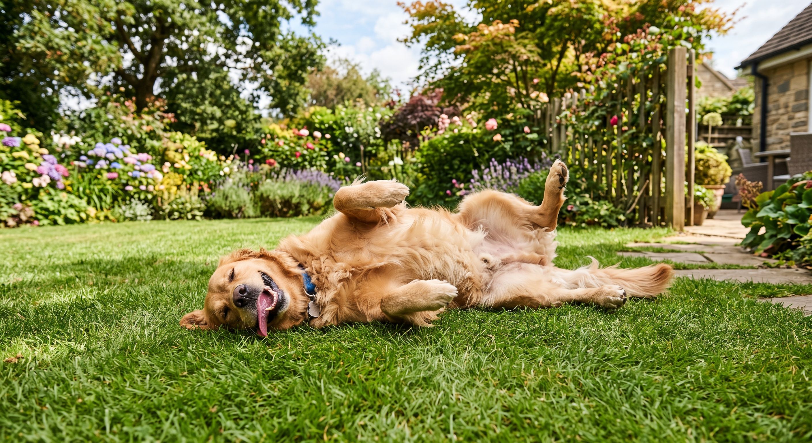 Golden Retriever liegt entspannt auf grünem Rasen im blütenreichen Garten und gähnt