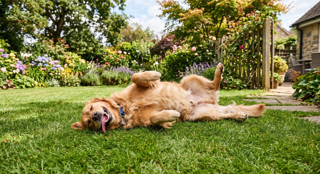 Golden Retriever entspannt im Garten Golden Retriever liegt entspannt auf grünem Rasen im blütenreichen Garten und gähnt