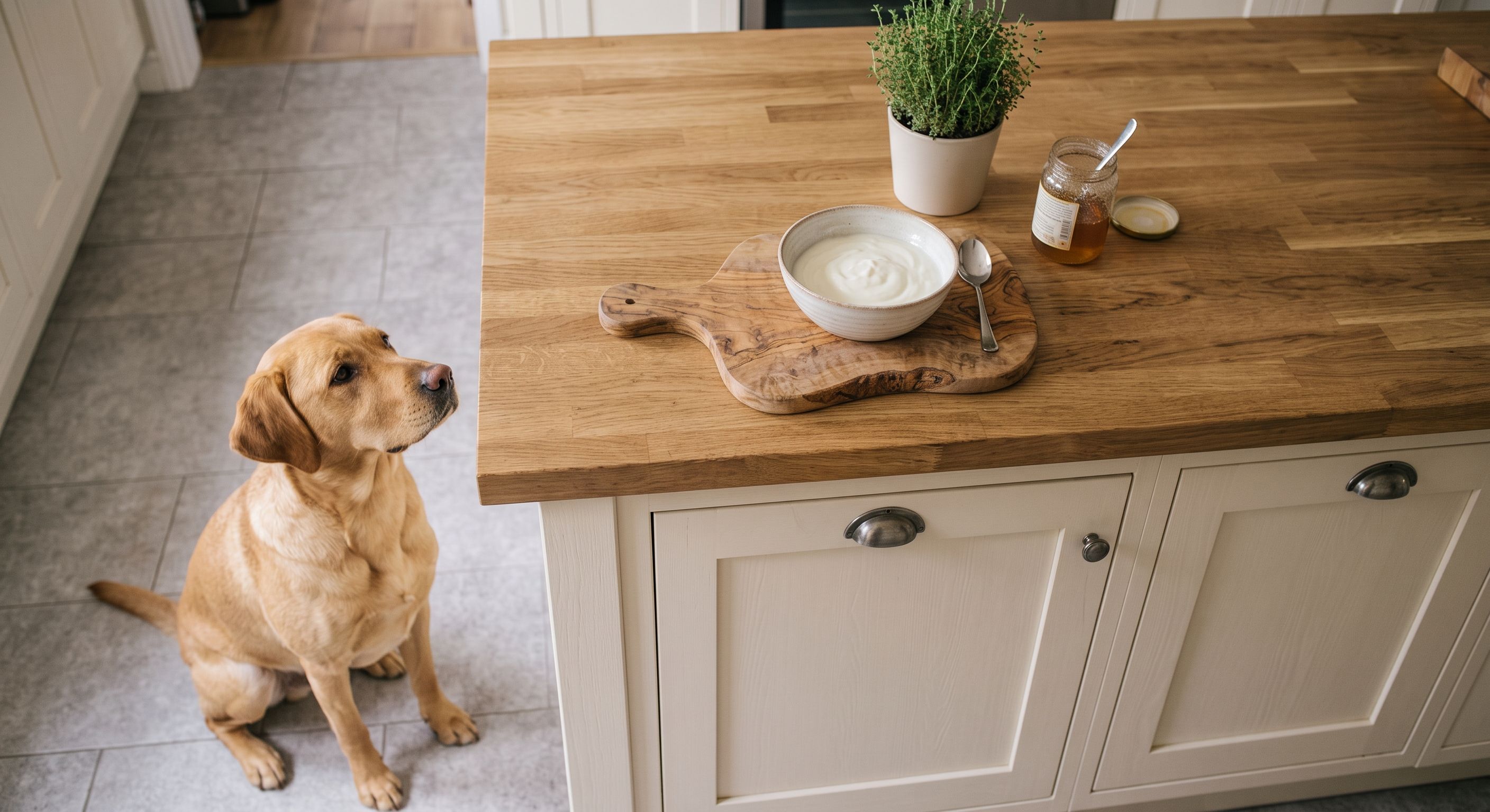 Golden Retriever sitzt in der Küche und schaut auf den Esstisch mit Essen