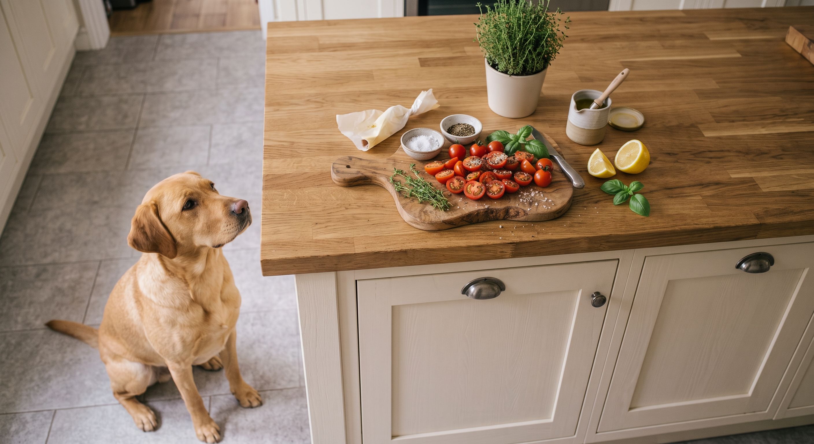 Golden Retriever sitzt in der Küche und schaut auf Tomaten und Gemüse auf der Arbeitsplatte