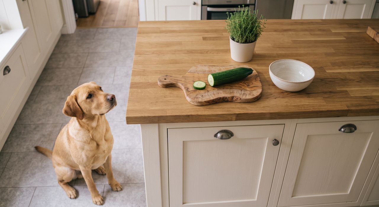 Hund in der Küche beobachtet Gemüsezubereitung Labrador sitzt in der Küche und beobachtet Gemüse auf dem Schneidbrett