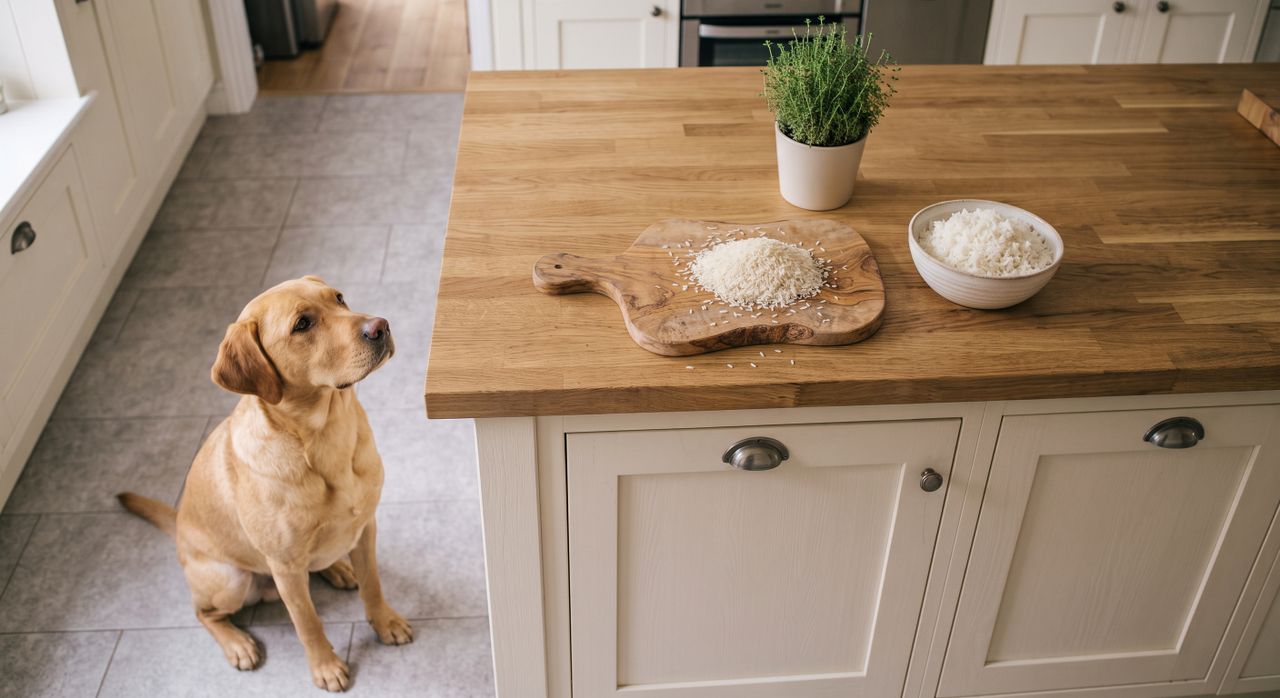 Hund in der Küche beobachtet Essenszubereitung Golden Retriever sitzt aufmerksam in der Küche und beobachtet, wie sein Besitzer Mehl zubereitet