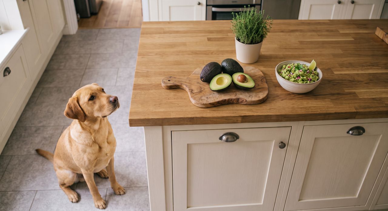 Hund in der Küche beobachtet Frauchen beim Kochen Golden Retriever sitzt in der Küche und beobachtet Avocados und Gemüse auf der Arbeitsplatte