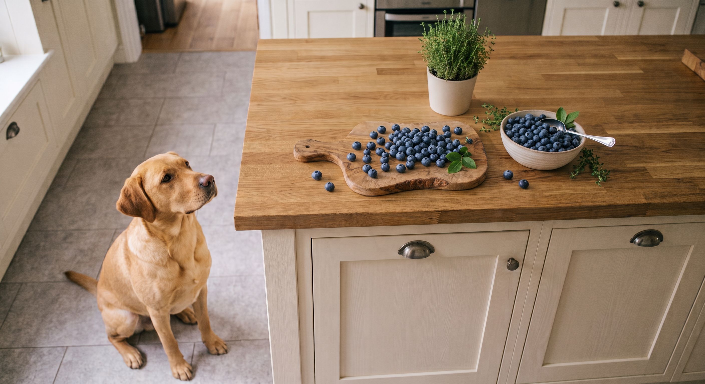 Labrador sitzt in der Küche und schaut auf Heidelbeeren auf der Küchentheke