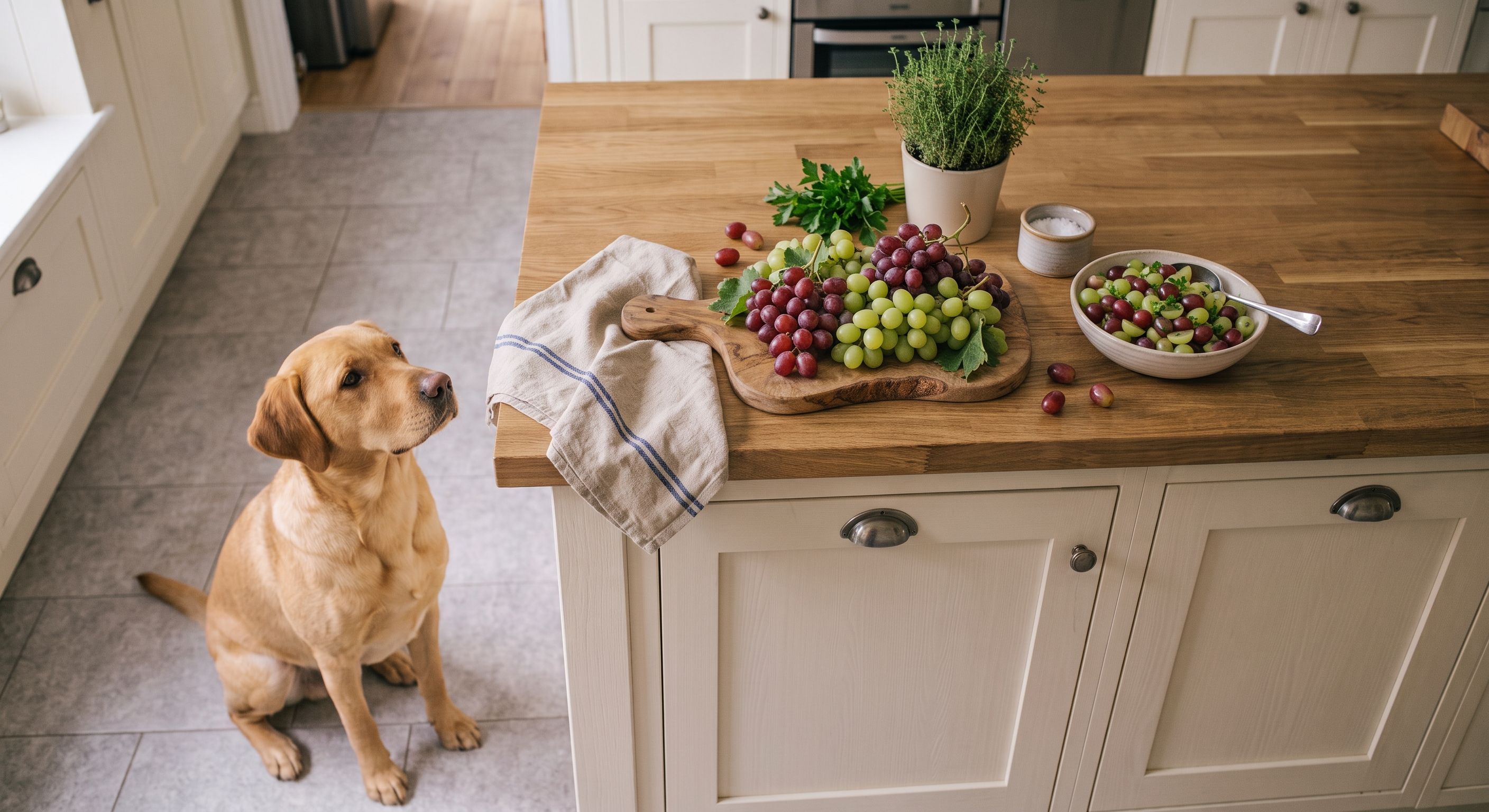 Golden Retriever sitzt in der Küche neben Tisch mit Trauben, Salat und anderen Lebensmitteln