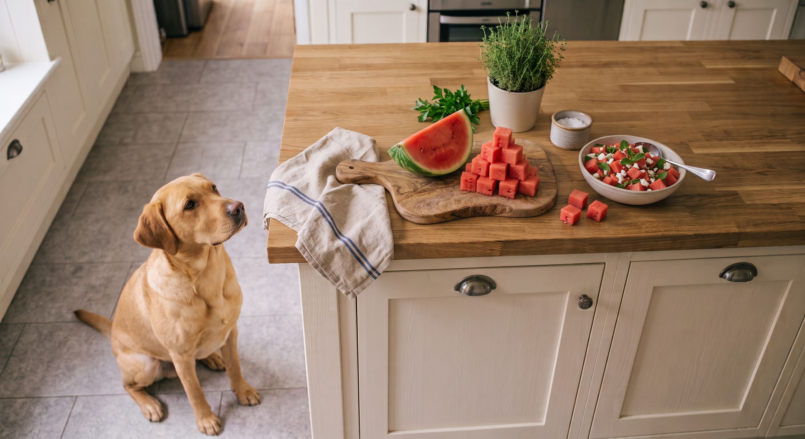 Golden Retriever sitzt auf dem Küchenboden und schaut auf Lebensmittel auf der Theke, darunter Wassermelone und Salat