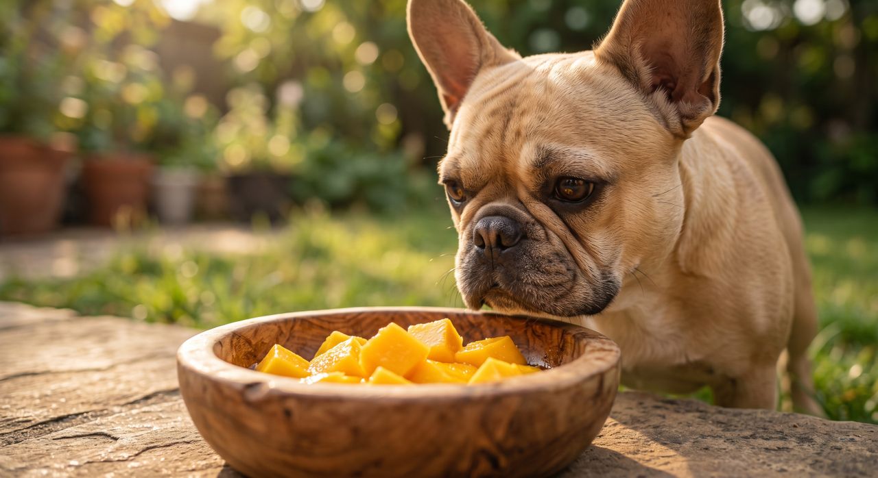Französische Bulldogge frisst Obst aus Schale Französische Bulldogge schaut auf eine Holzschale mit Mangostücken im Garten