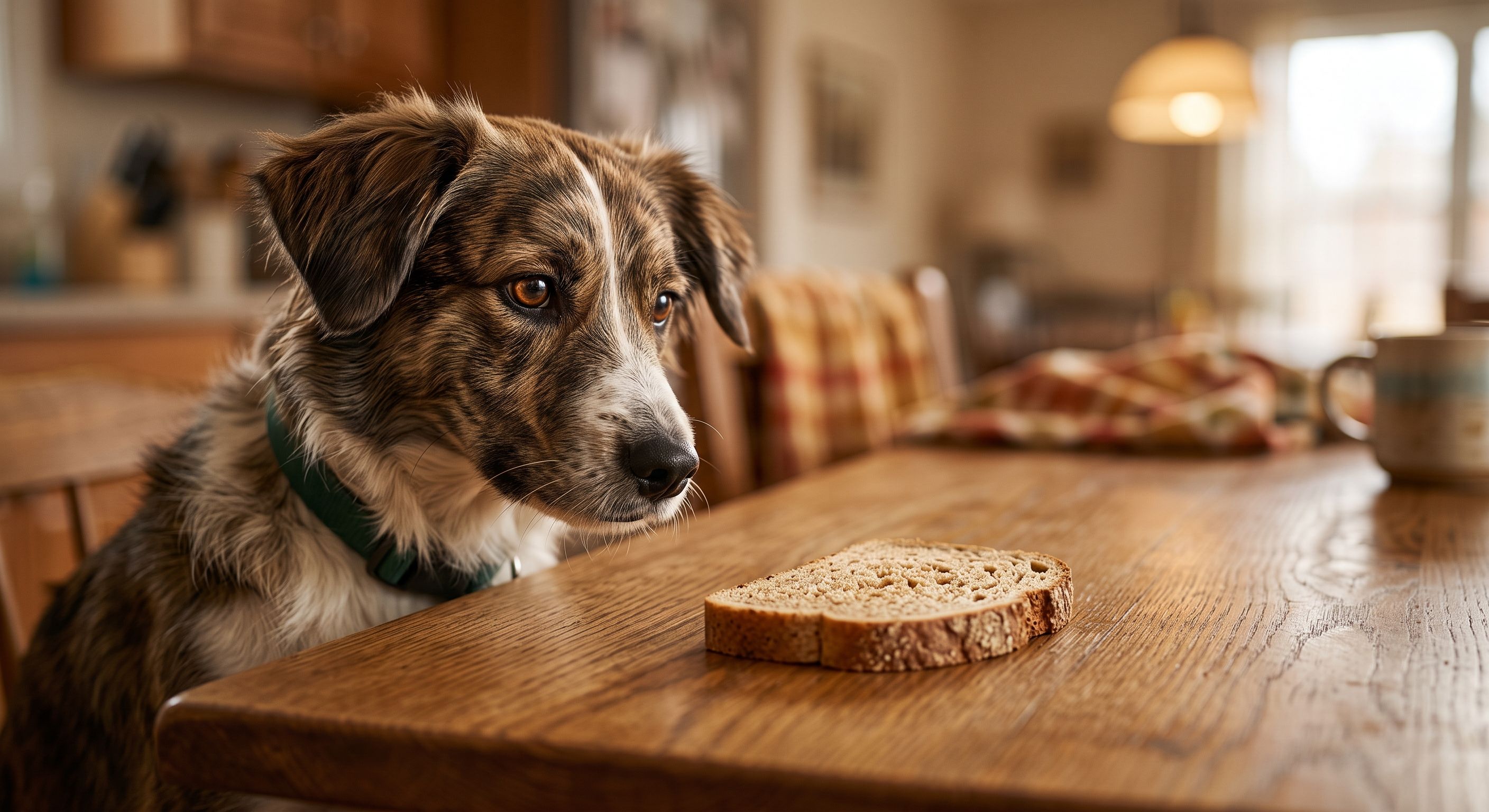 Brauner Hund sitzt am Holztisch und schaut hoffnungsvoll auf ein Stück Brot