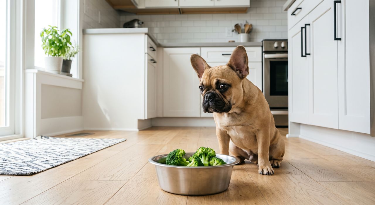 Französische Bulldogge in der Küche mit Futternapf Fawn-farbene Französische Bulldogge sitzt in moderner Küche neben Edelstahl-Futternapf mit Brokkoli