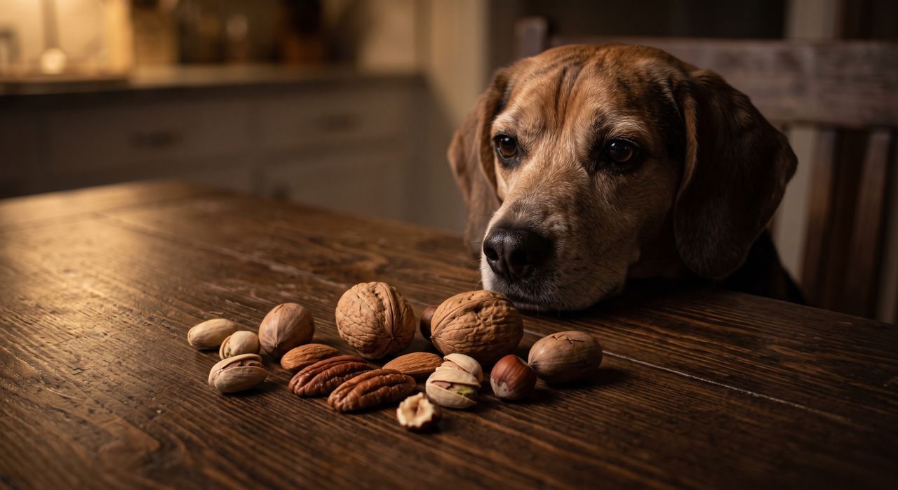 Labrador mit Nüssen - Gesunde Hundeleckerlis Brauner Labrador schaut auf Walnüsse, Pecannüsse und Erdnüsse auf Holztisch