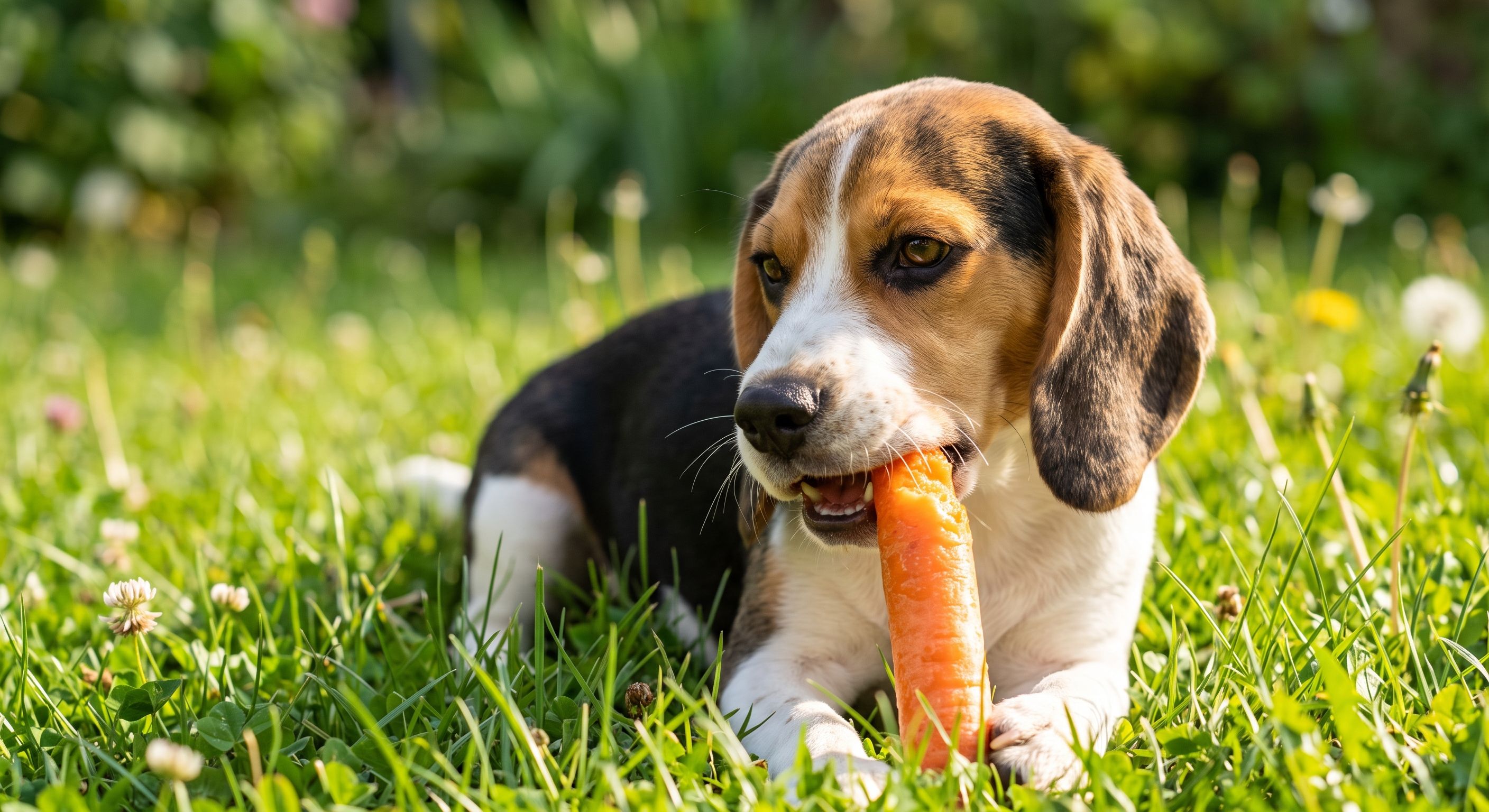 Beagle liegt auf grüner Wiese und beißt in eine orange Karotte, gesundes Hundefutter