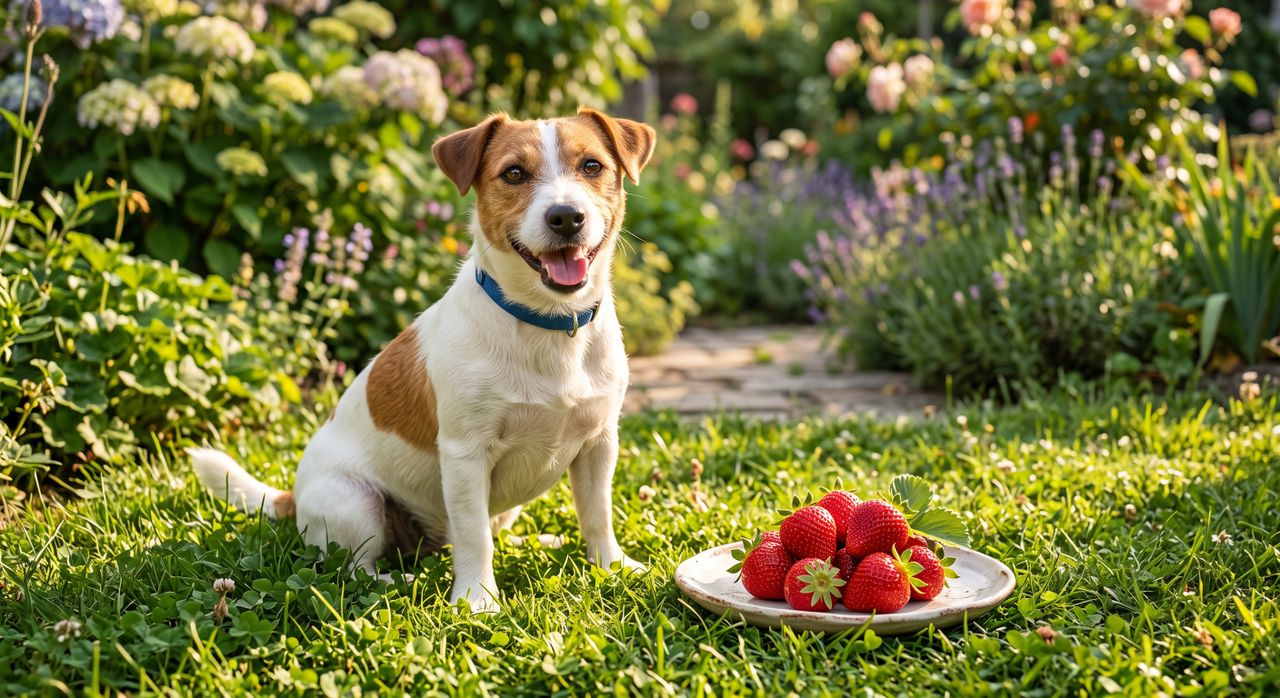 Glücklicher Hund mit Erdbeeren im Garten Freundlicher braun-weißer Hund sitzt neben einem Teller mit roten Erdbeeren auf einer Wiese