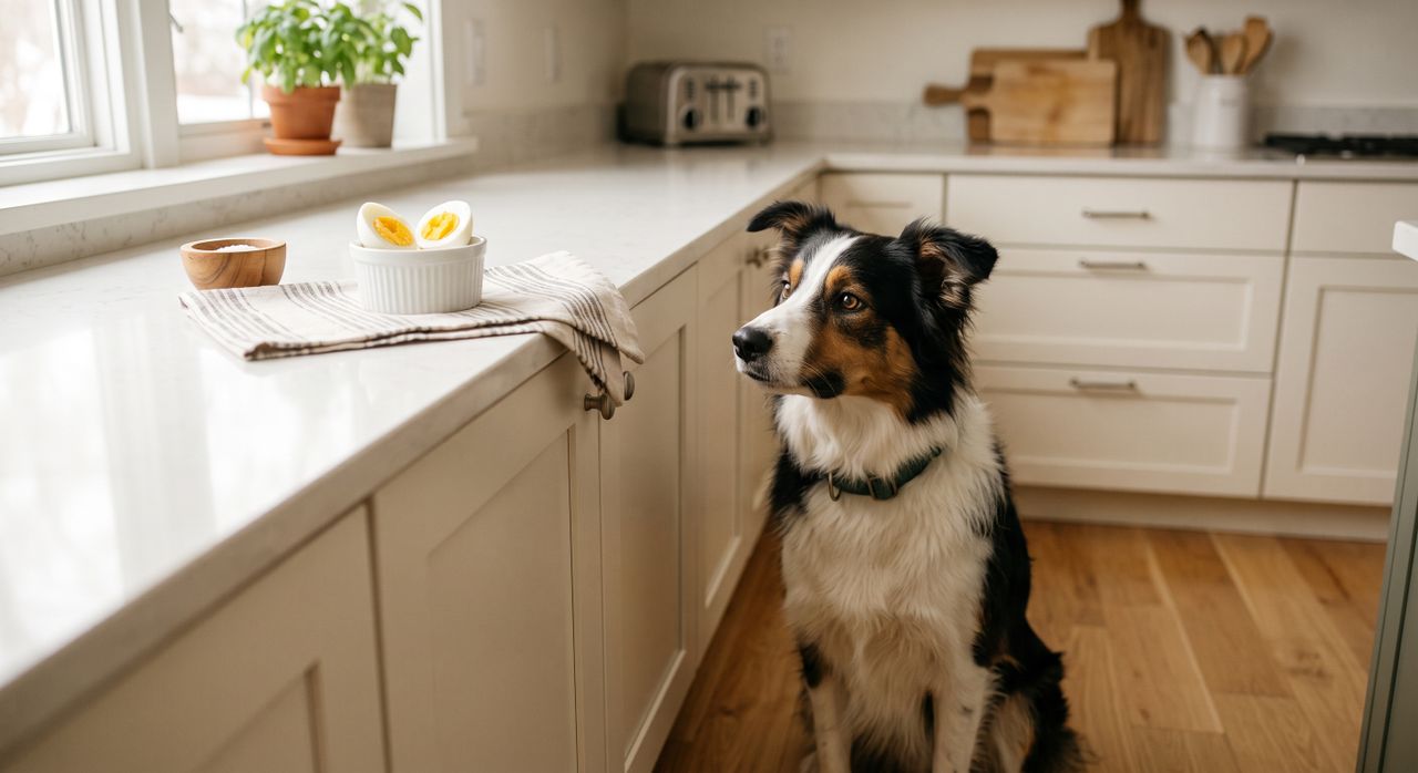 Hund in der Küche: Aufmerksamer Begleiter Schwarz-weißer Hund steht in moderner Küche und schaut aufmerksam nach oben