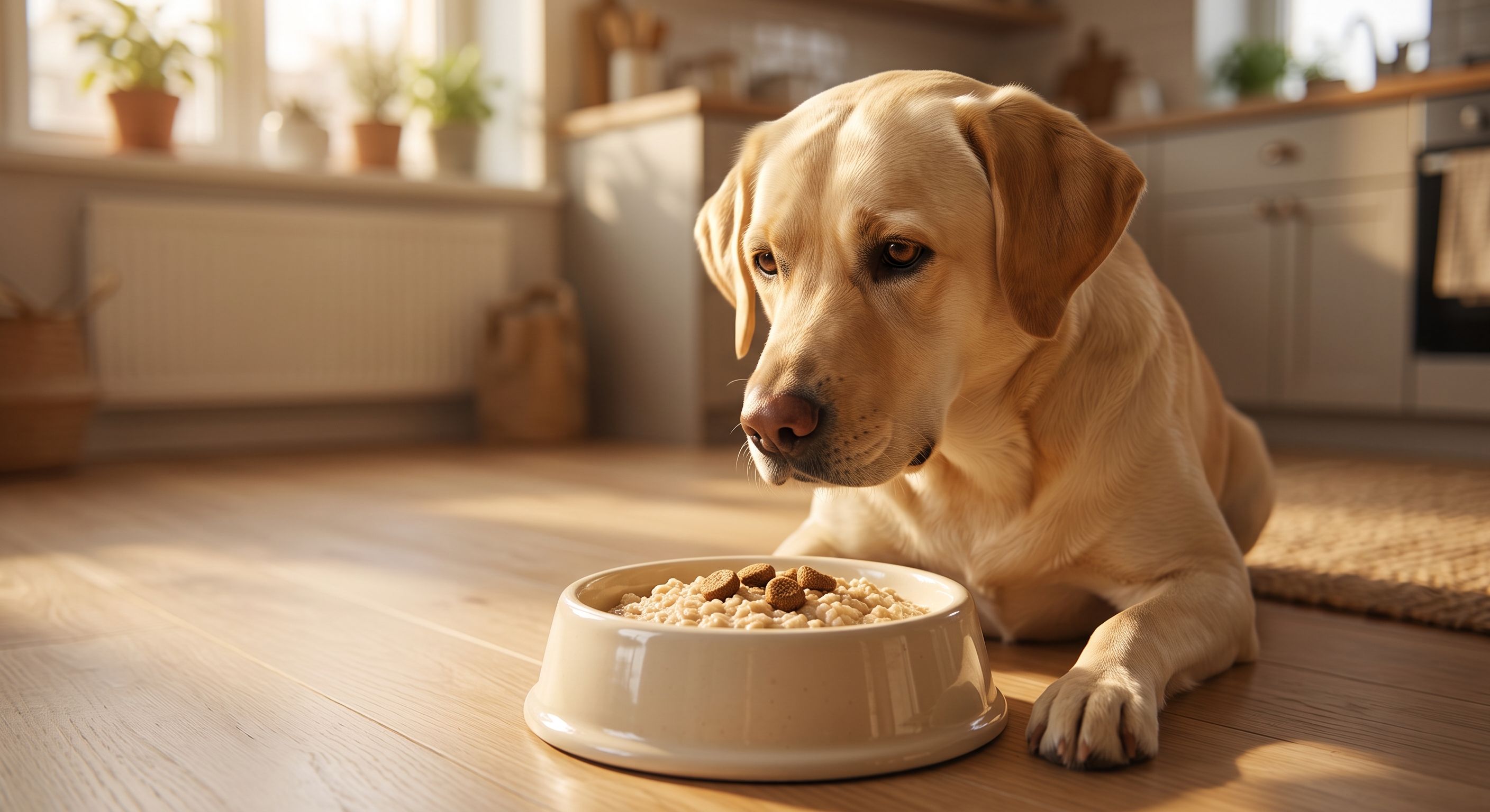 Heller Labrador Retriever sitzt in der Küche neben seinem Futternapf mit Trockenfutter
