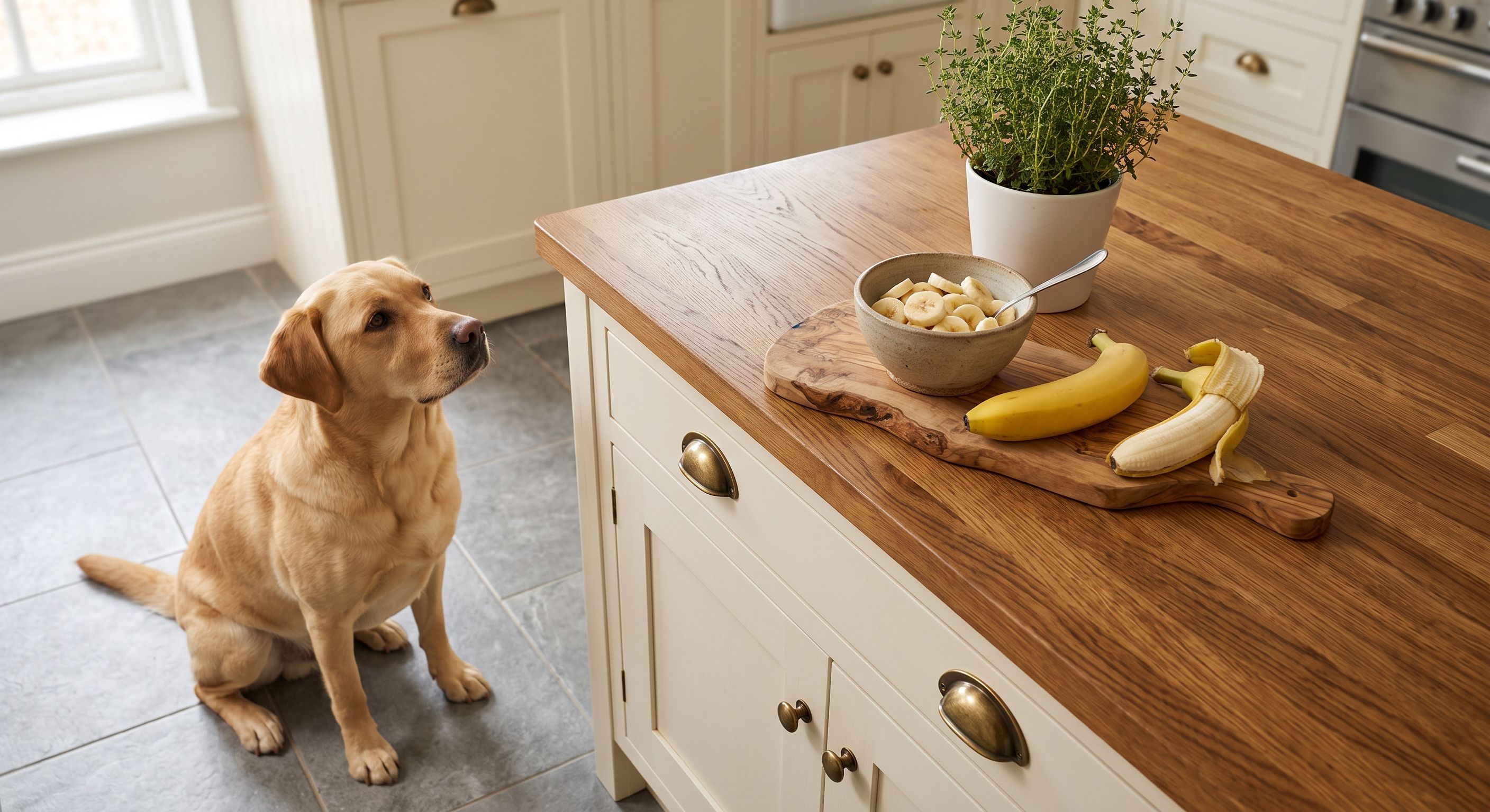 Golden Retriever sitzt in der Küche und beobachtet Obst und Futter auf der Arbeitsfläche