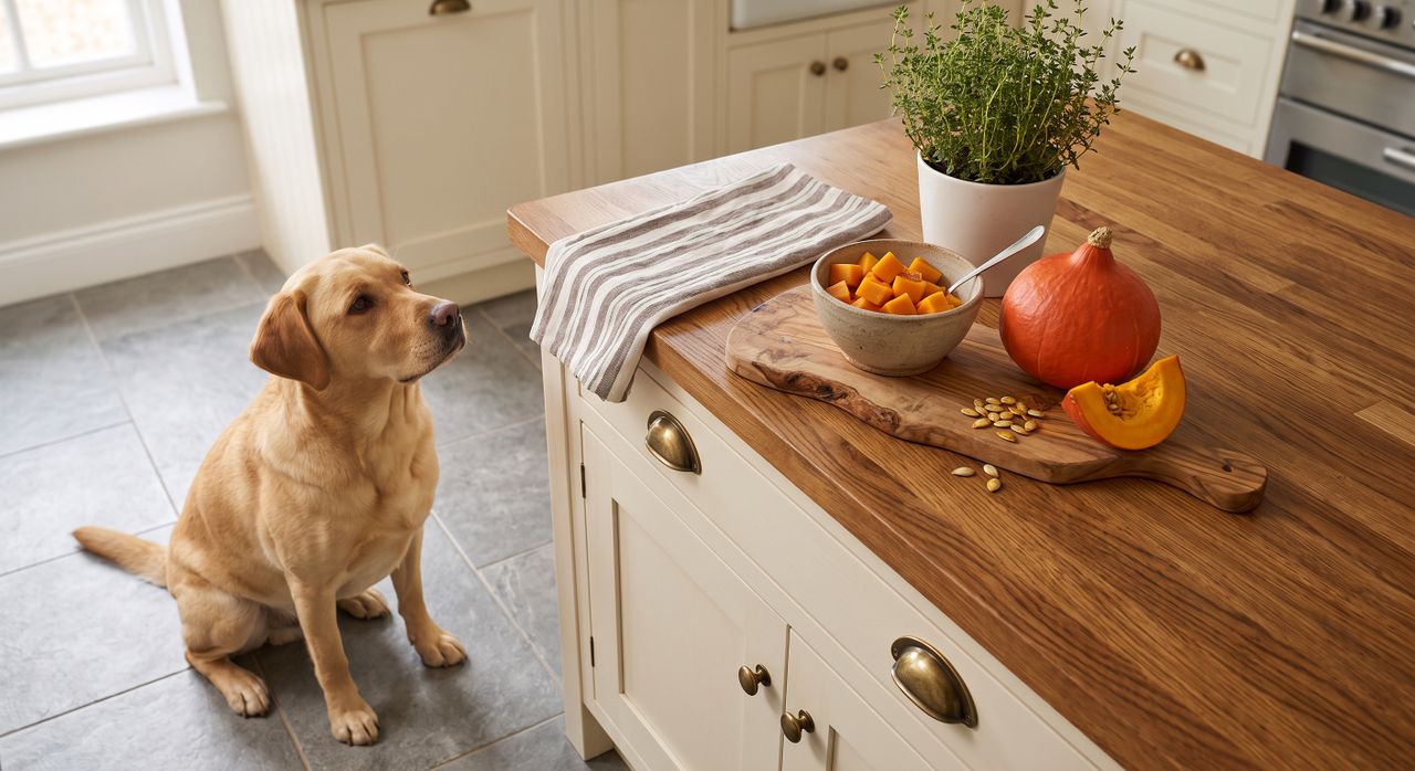 Hund in der Küche beobachtet Essensvorbereitungen Labrador sitzt in moderner Küche und beobachtet Kürbis und Gemüse auf Holzarbeitsplatte