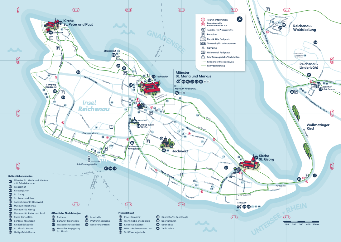Insel Reichenau Hundewanderung Karte Übersichtskarte der Insel Reichenau mit Wanderwegen und Hundeparkplätzen am Bodensee