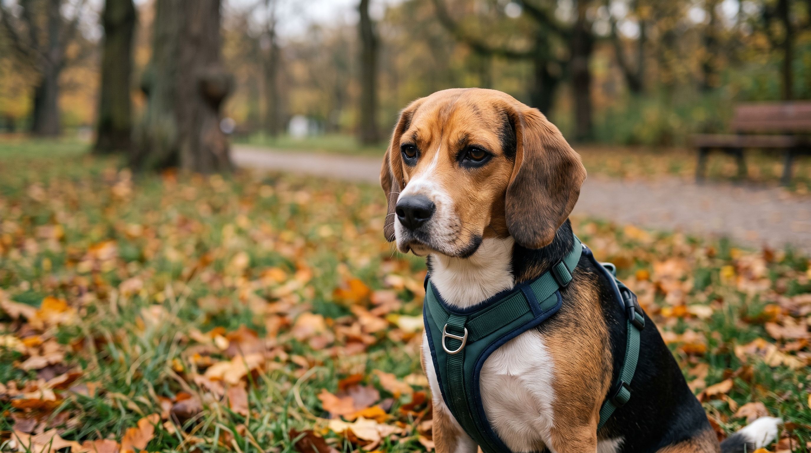 Beagle-Hund sitzt im herbstlichen Park und trägt ein grünes Geschirr