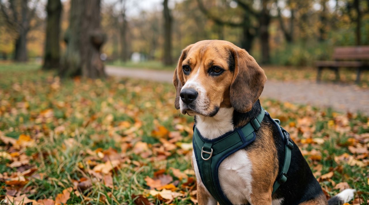 Beagle im Park mit Geschirr Beagle-Hund sitzt im herbstlichen Park und trägt ein grünes Geschirr