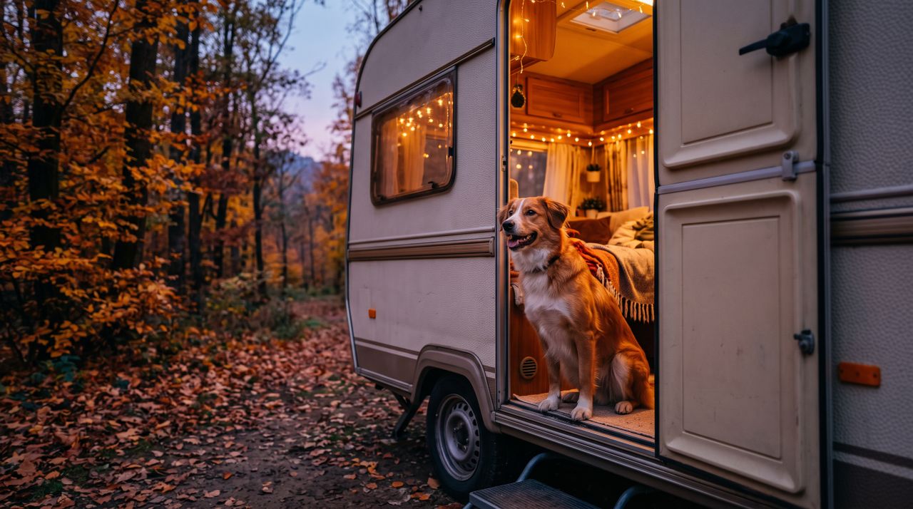 Hund im Wohnwagen: Entspannung im Herbst Brauner Hund sitzt in der Tür eines gemütlich beleuchteten Wohnwagens im Herbstwald