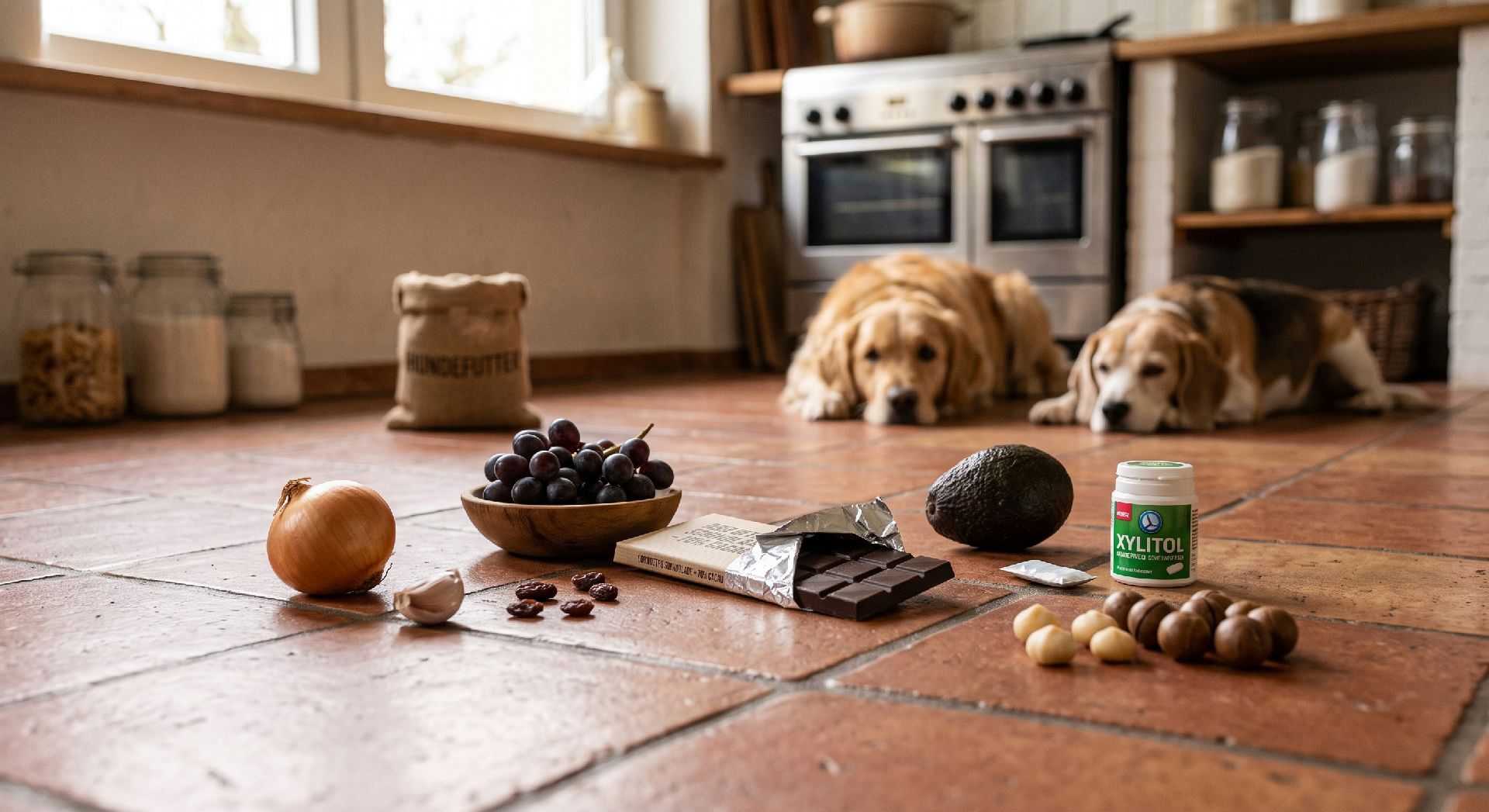 Zwei Hunde beobachten giftige Lebensmittel wie Schokolade, Avocado, Trauben und Xylitol auf Küchenboden