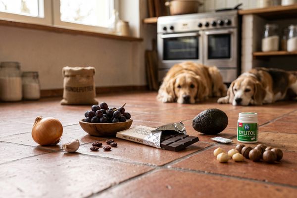 Zwei Hunde beobachten giftige Lebensmittel wie Schokolade, Avocado, Trauben und Xylitol auf Küchenboden