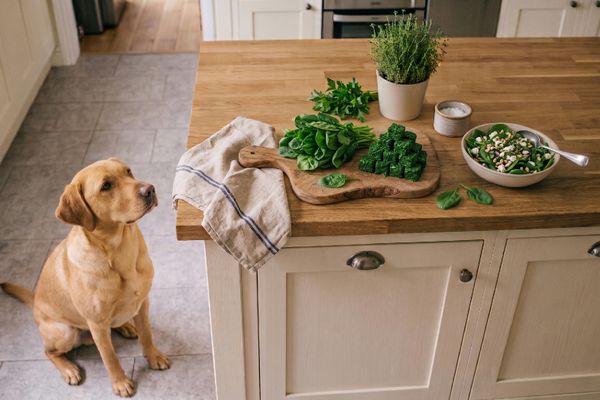 Labrador sitzt auf Fliesenboden und beobachtet Gemüse und Salat auf Holzarbeitsplatte