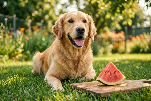 Golden Retriever liegt auf Rasen neben Wassermelonenstück im sonnigen Garten