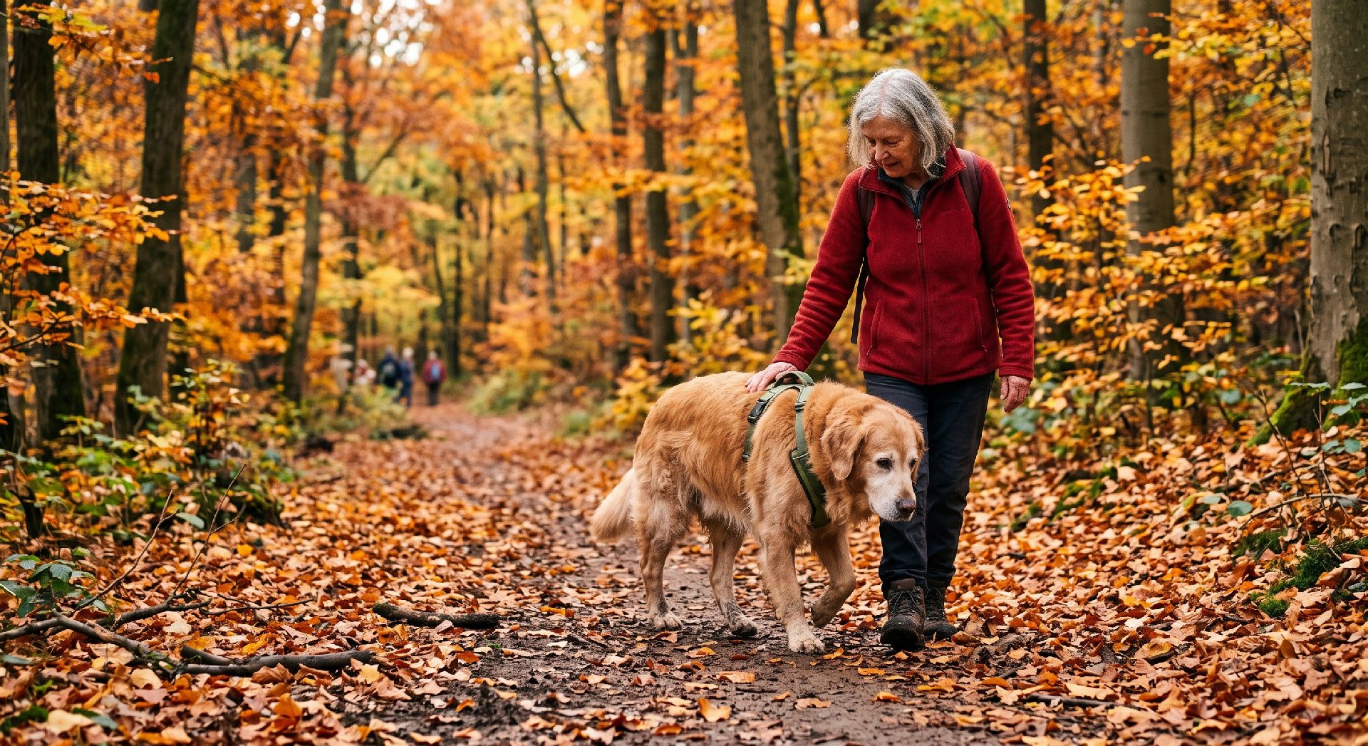 Ältere Frau mit Golden Retriever an Leine spaziert durch Herbstwald mit goldenem Laub