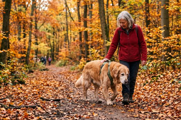 Ältere Frau mit Golden Retriever an Leine spaziert durch Herbstwald mit goldenem Laub