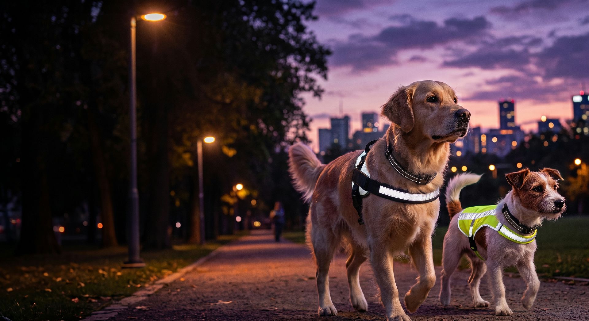 Zwei Hunde mit reflektierender Ausrüstung auf einem Gehweg bei Dämmerung, Stadtkulisse im Hintergrund