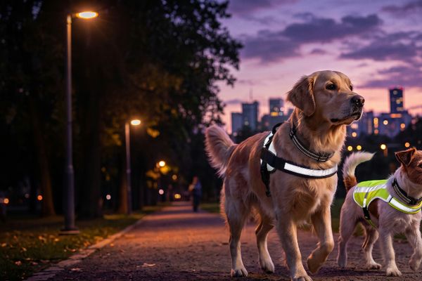 Zwei Hunde mit reflektierender Ausrüstung auf einem Gehweg bei Dämmerung, Stadtkulisse im Hintergrund