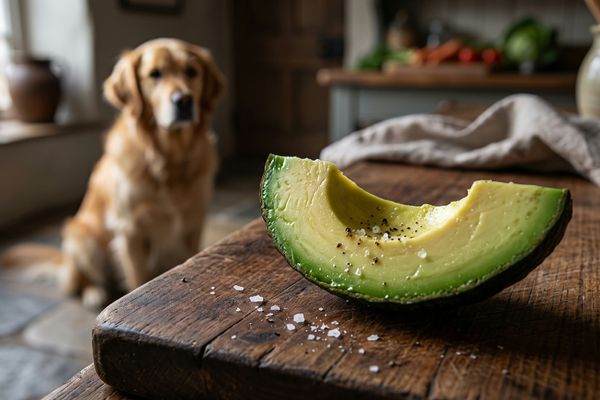 Golden Retriever sitzt in Küche hinter Avocado auf Holzbrett, warnt vor giftigem Obst für Hunde