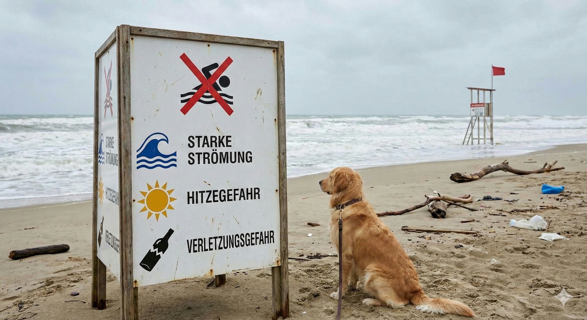 Hund sitzt an einem Strand neben einem Warnschild mit Hinweisen auf starke Strömung, Hitzewarnung und Verletzungsgefahr.